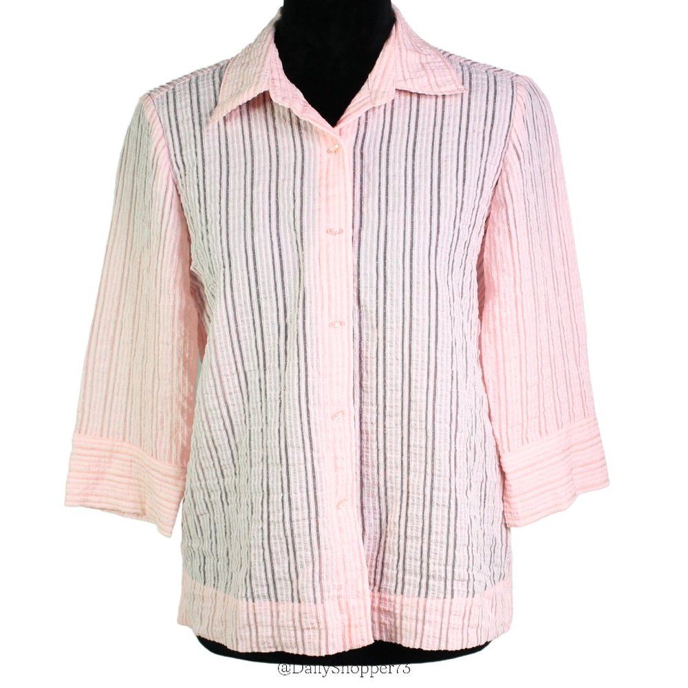 JH Collectibles Women's Petite Pastel Pink Semi Sheer Striped Button Up Shirt